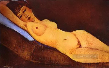青いクッションを持った横たわる裸婦 1917年 アメデオ・モディリアーニ Oil Paintings